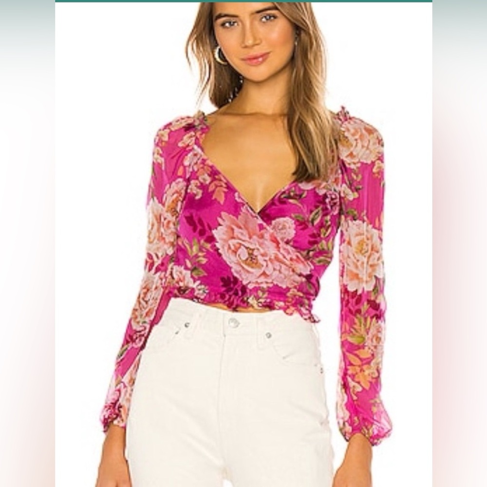 SAU LEE Floral Pink Wrap Top 100% Silk
